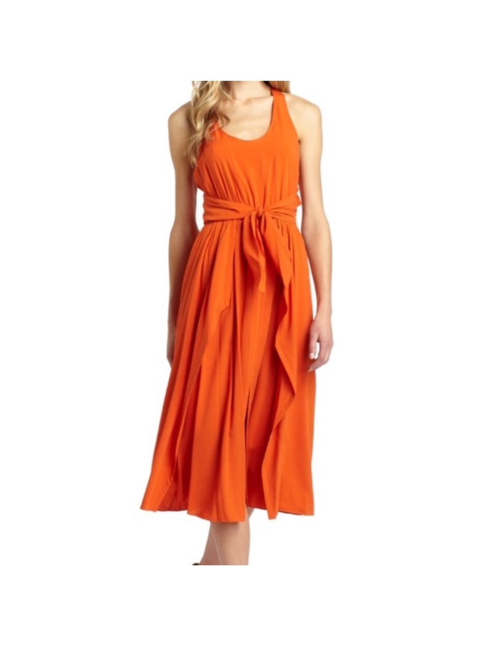 REBECCA TAYLOR Orange Midi Tie Waist Racerback Dress